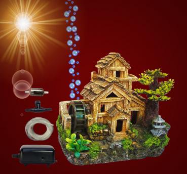 Aquarium Deko bewegliche WASSERMÜHLE ➕ LUFTPUMPE ➕ ZUBEHÖR Dekoration