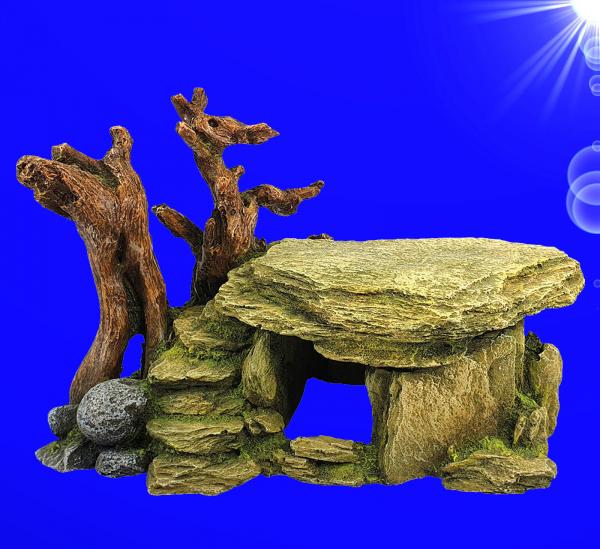 Aquarium Deko FELSEN HÖHLE MIT WURZEL Terrarium Barsche Welse Zubehör