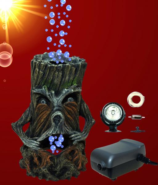Aquarium Deko sprudelnder BAUM MIT GESICHT ✚ LED ✚ LUFTPUMPE Wurzel Höhle Zubehör