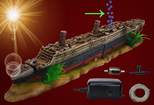 Aquarium Deko sprudelnde TITANIC ➕ LUFTPUMPE ➕ Zubehör Schiff Wrack Höhle