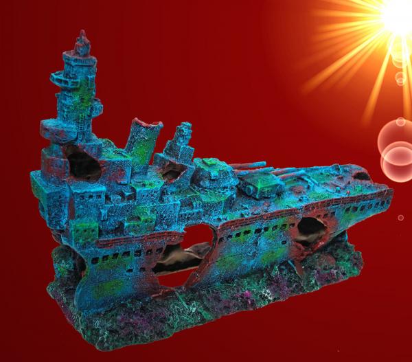 Aquarium Deko GROßES SCHLACHTSCHIFF BISMARK WRACK Höhle Dekoration Zubehör