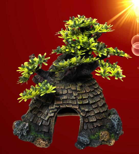 Aquarium Deko HAUS MIT BAUM Höhle Dekoration Stein Zubehör Terrarium