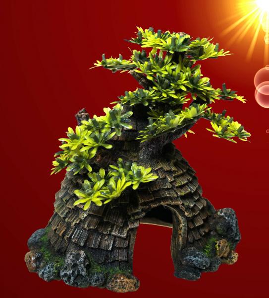 Aquarium Deko HAUS MIT BAUM Höhle Dekoration Stein Zubehör Terrarium