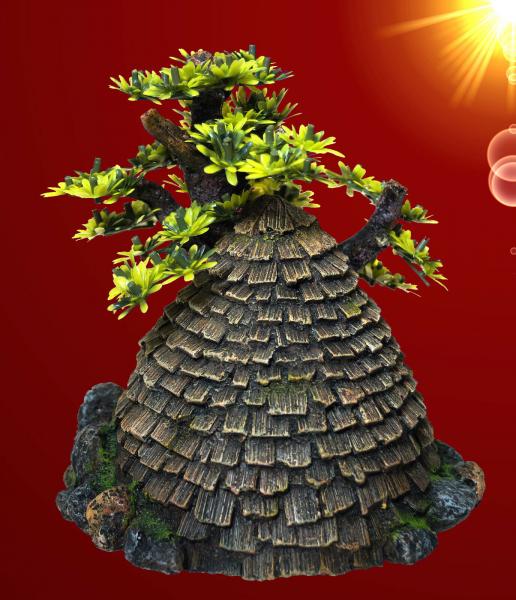 Aquarium Deko HAUS MIT BAUM Höhle Dekoration Stein Zubehör Terrarium