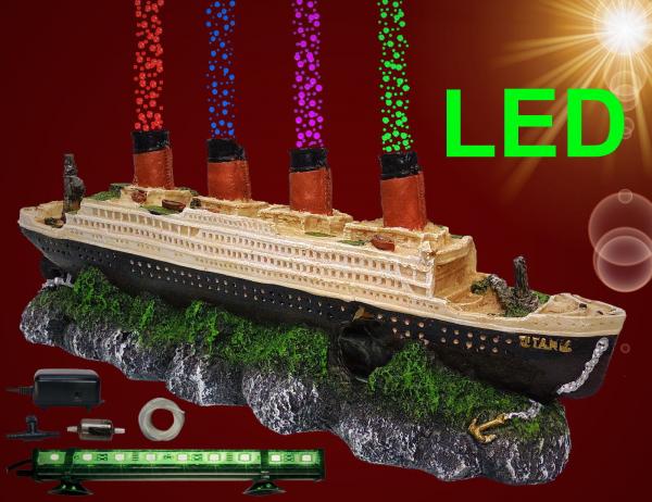 Aquarium Deko TITANIC ➕ LED ➕ LUFTPUMPE ➕ Zubehör Schiffswrack Luftstein