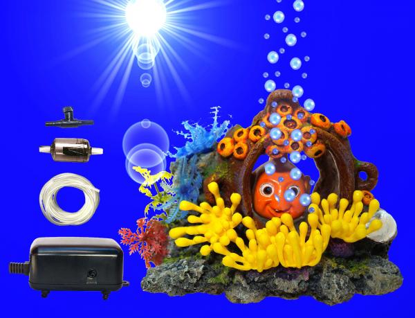 Aquarium Deko beweglicher sprudlender FISCH IM KRUG ➕ LUFTPUMPE Zubehör Höhle