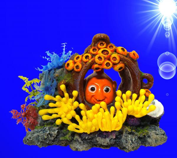 Aquarium Deko beweglicher sprudlender FISCH IM KRUG ➕ LUFTPUMPE Zubehör Höhle