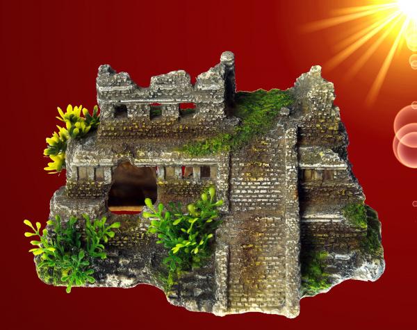 Aquarium Deko MAYA RUINE mit Pflanzen Höhle Terrarium Felsen Zubehör